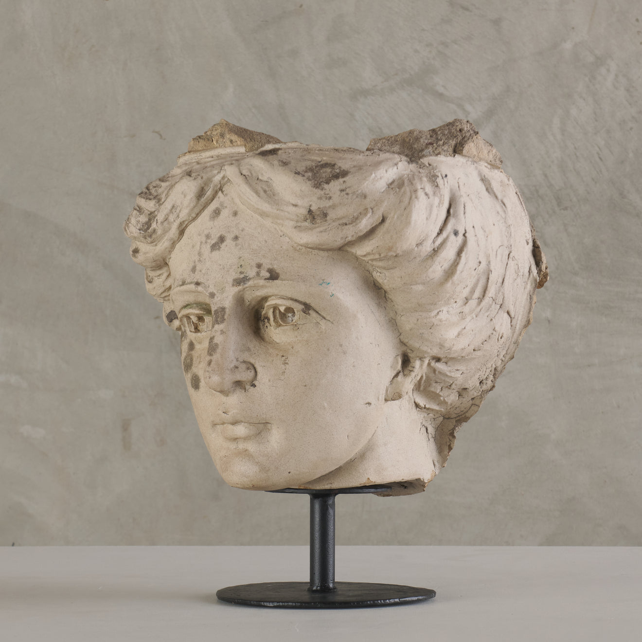ANTIQUE ARCHITECTURAL TERRA COTTA HEAD OF A WOMAN ON STEEL MOUNT