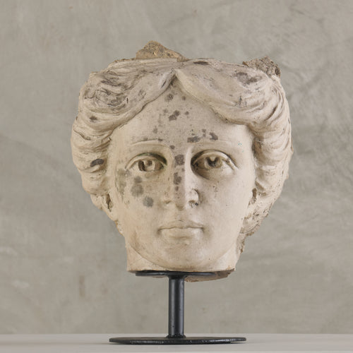 ANTIQUE ARCHITECTURAL TERRA COTTA HEAD OF A WOMAN ON STEEL MOUNT
