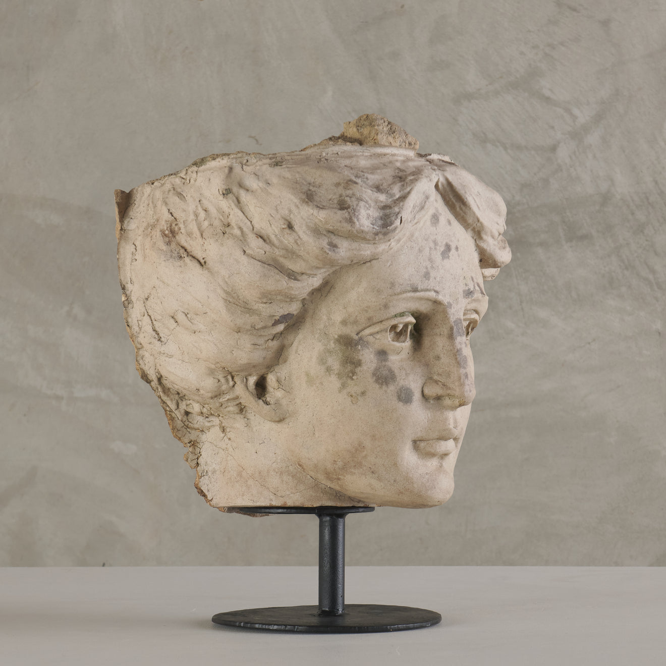 ANTIQUE ARCHITECTURAL TERRA COTTA HEAD OF A WOMAN ON STEEL MOUNT