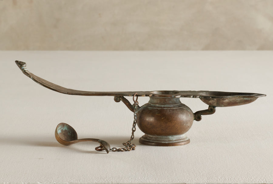 ANTIQUE HINDU VOTIVE OIL LAMP WITH LADLE