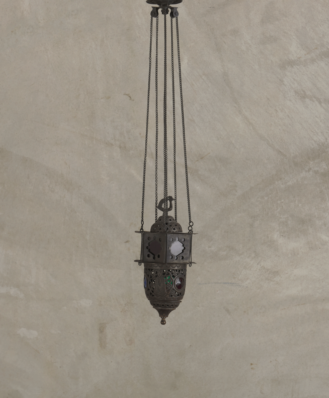 ANTIQUE MOROCCAN STAINED GLASS CANDLE PENDANT, c1900