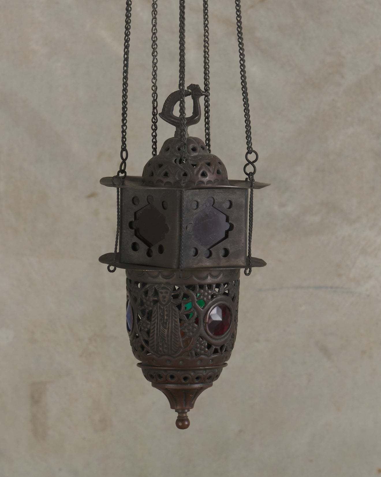 ANTIQUE MOROCCAN STAINED GLASS CANDLE PENDANT, c1900