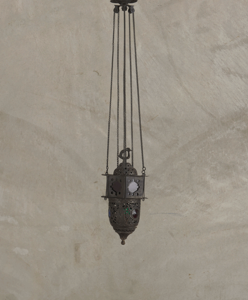 ANTIQUE MOROCCAN STAINED GLASS CANDLE PENDANT, c1900