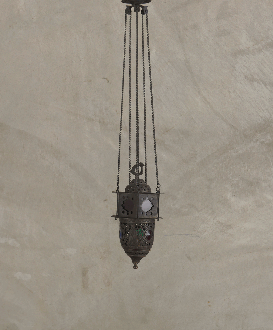 ANTIQUE MOROCCAN STAINED GLASS CANDLE PENDANT, c1900