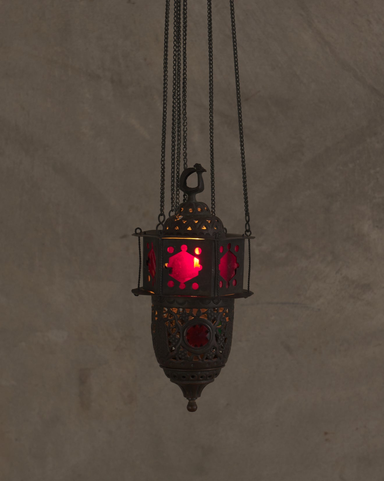 ANTIQUE MOROCCAN STAINED GLASS CANDLE PENDANT, c1900