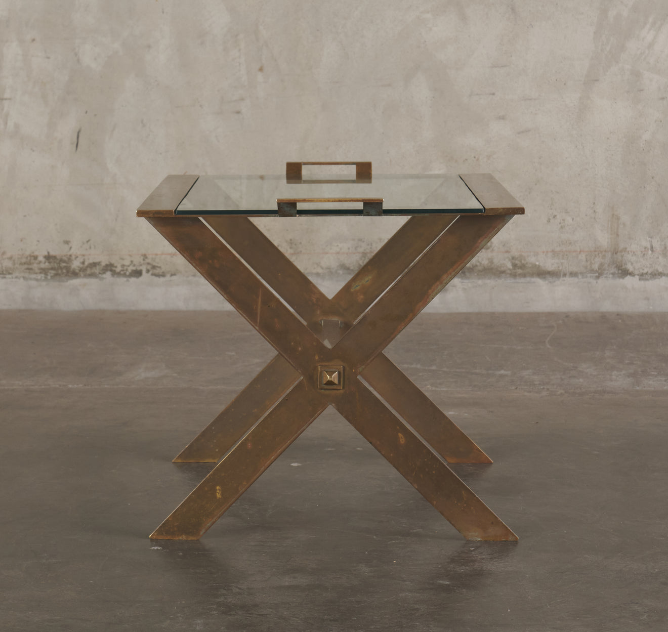 ARTURO PANI BRONZE AND GLASS SIDE TABLE WITH HANDLES