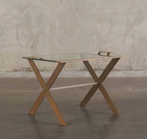 ARTURO PANI BRONZE AND GLASS SIDE TABLE WITH HANDLES