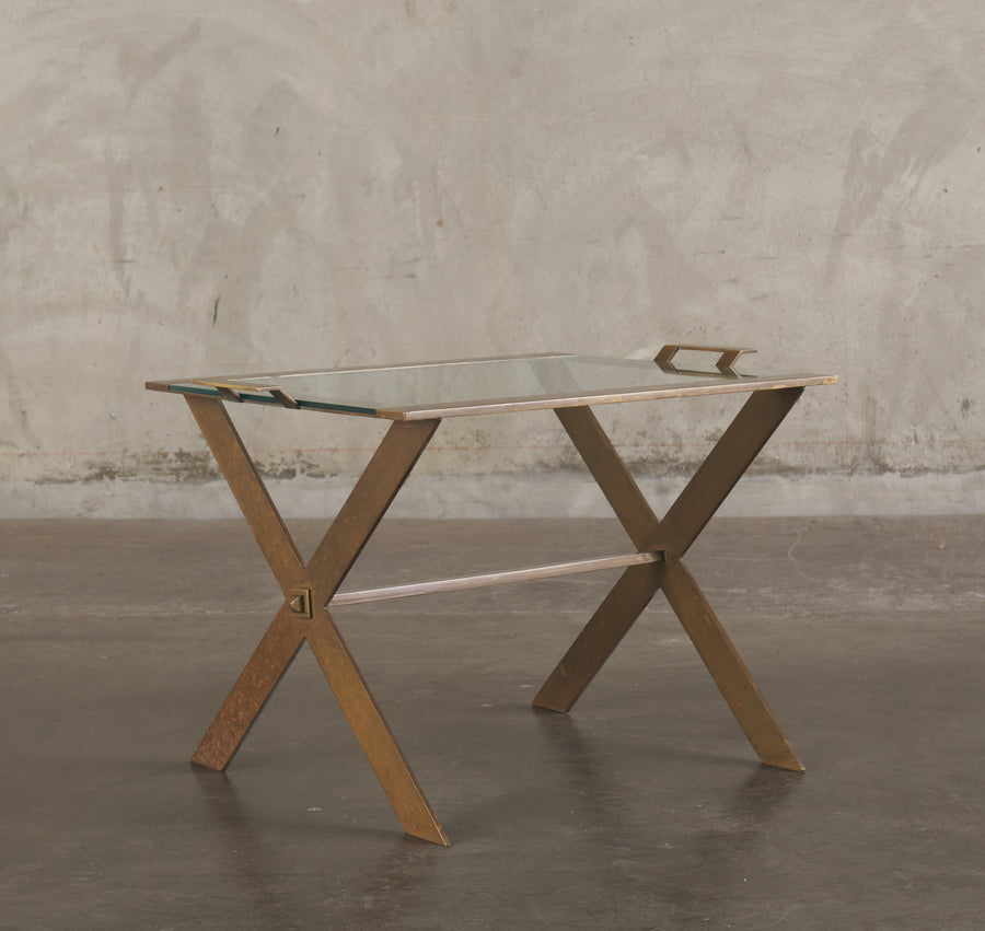 ARTURO PANI BRONZE AND GLASS SIDE TABLE WITH HANDLES
