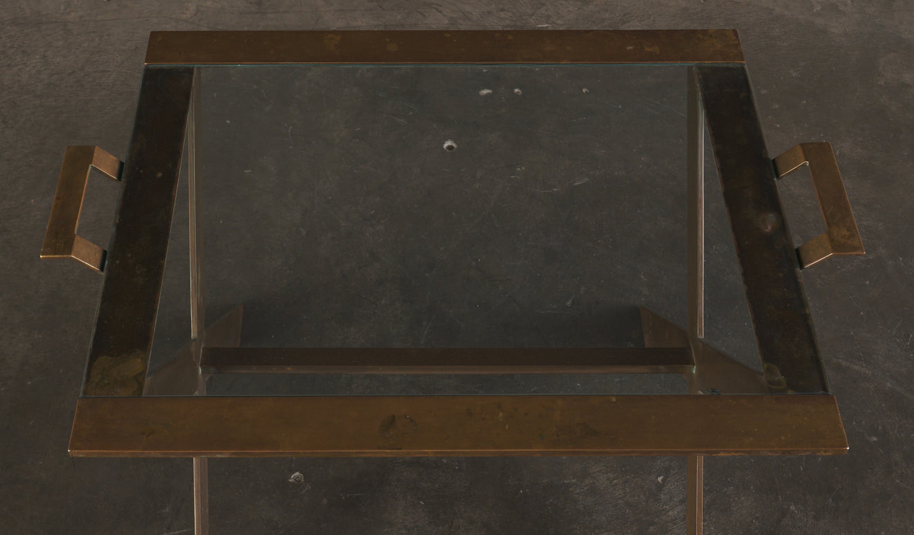 ARTURO PANI BRONZE AND GLASS SIDE TABLE WITH HANDLES