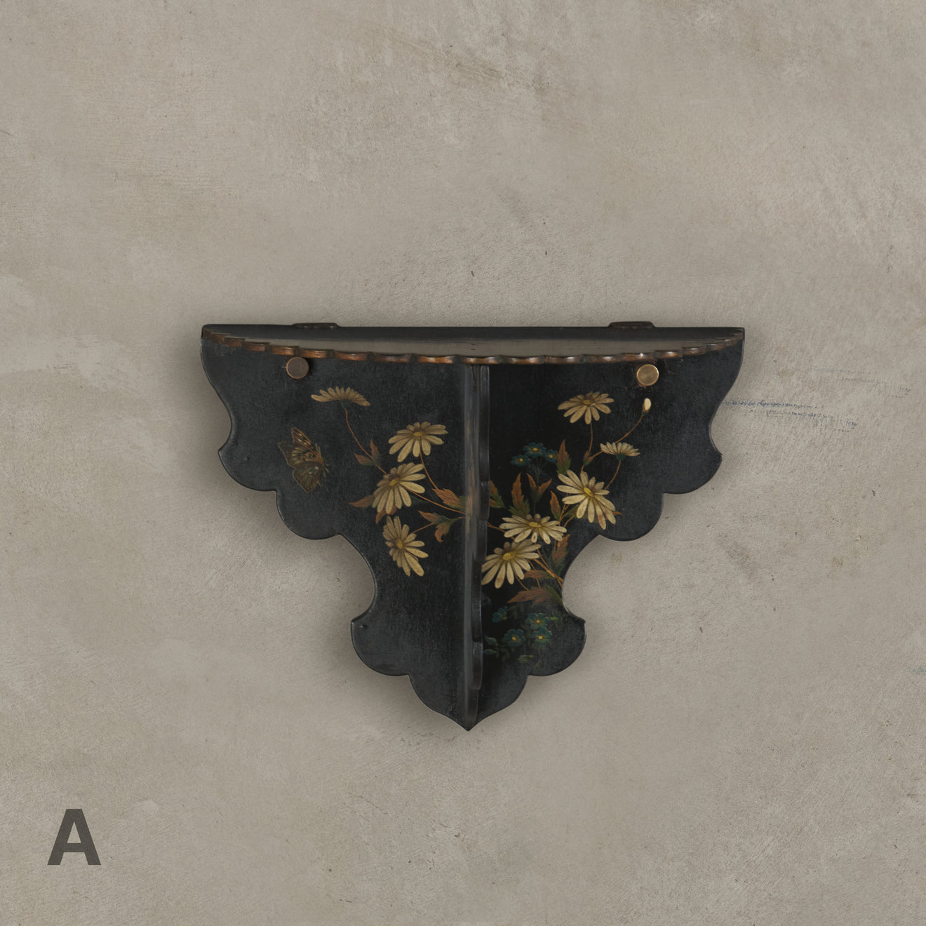 VICTORIAN PAPIER MACHE BLACK LACQUERED DAISY WALL SHELF