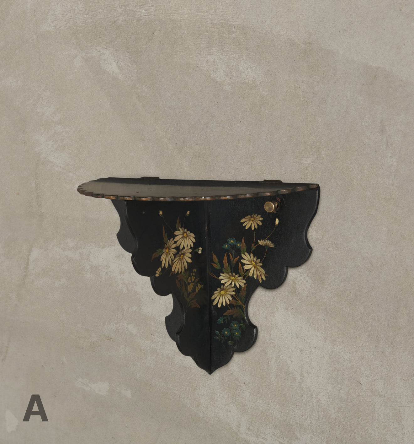 VICTORIAN PAPIER MACHE BLACK LACQUERED DAISY WALL SHELF