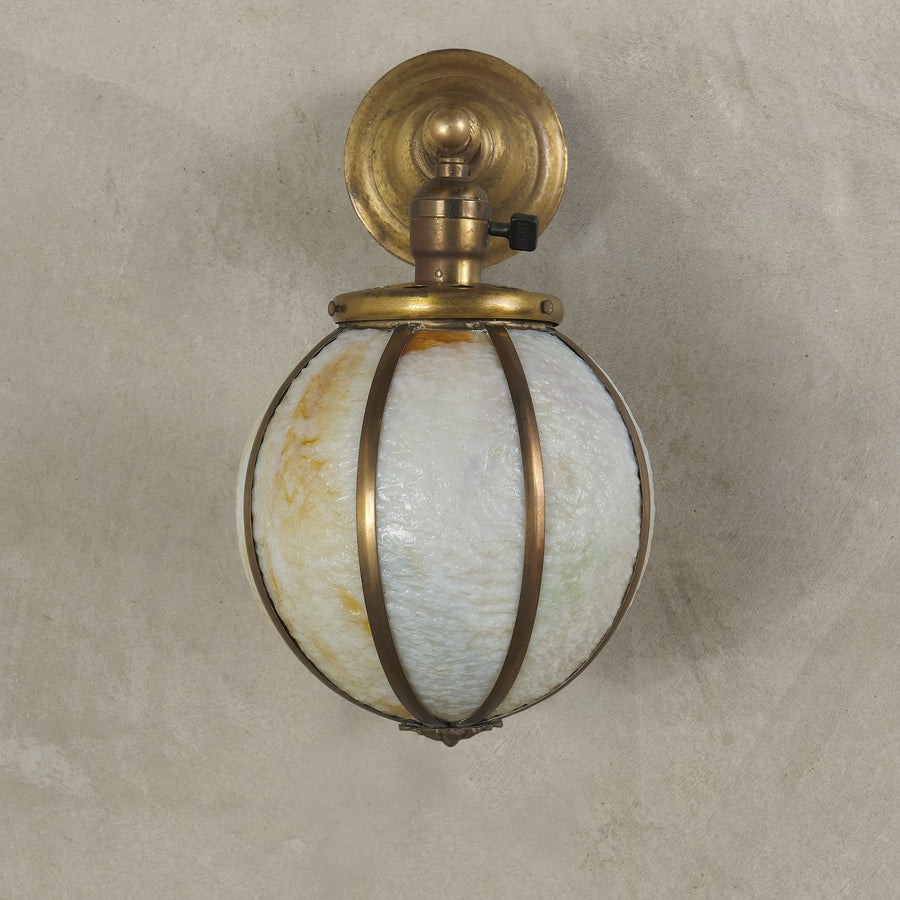 BRASS AND STAINED GLASS BALL SCONCE, EARLY 20TH C, USA