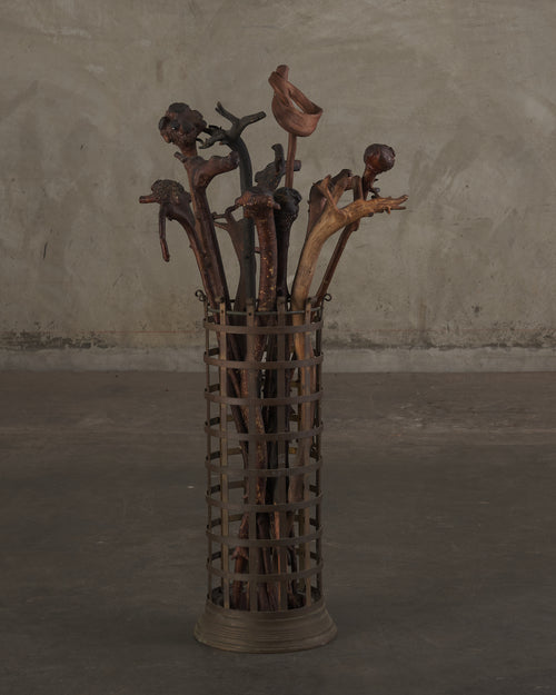 BRASS STRAPPED STAND WITH COLLECTION OF GNARLED WOOD WALKING STICKS