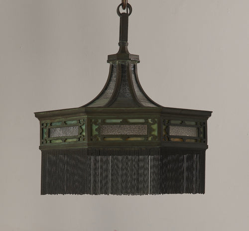 BRONZE AND STAINED GLASS CRAFTSMAN HANGING LAMP c1900