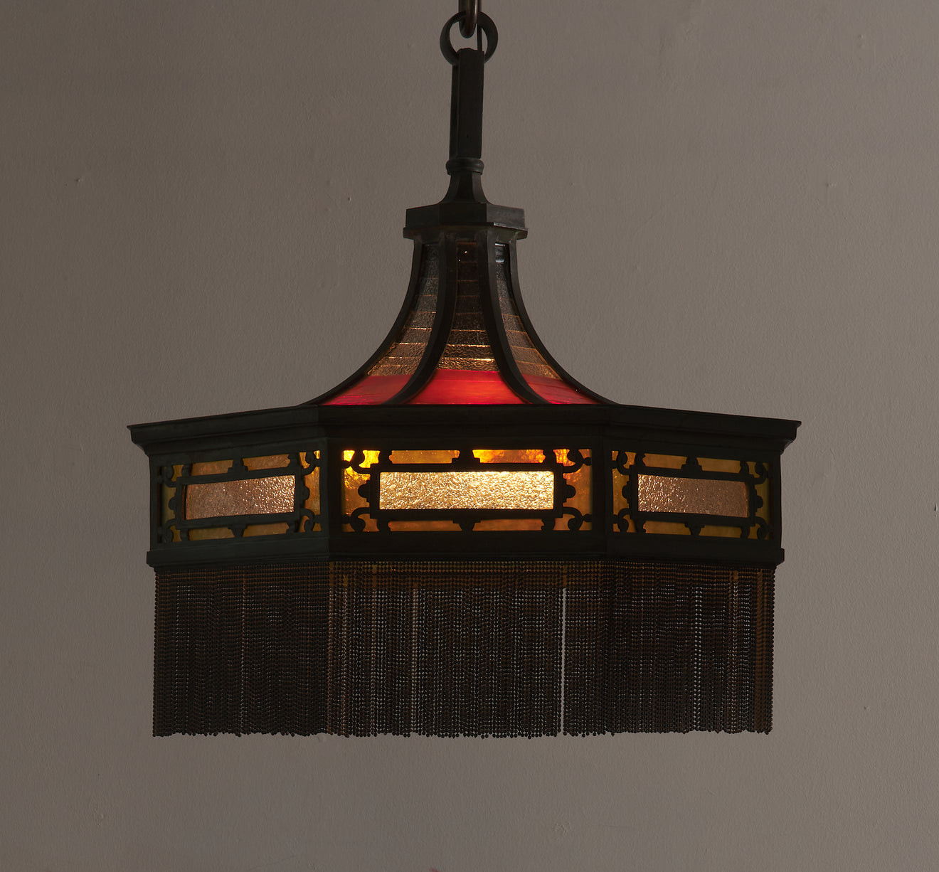 BRONZE AND STAINED GLASS CRAFTSMAN HANGING LAMP c1900