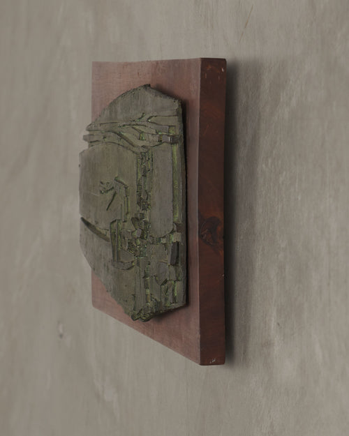 BRONZE RELIEF ON WOOD BASE SIGNED 'W BURRELL '68'