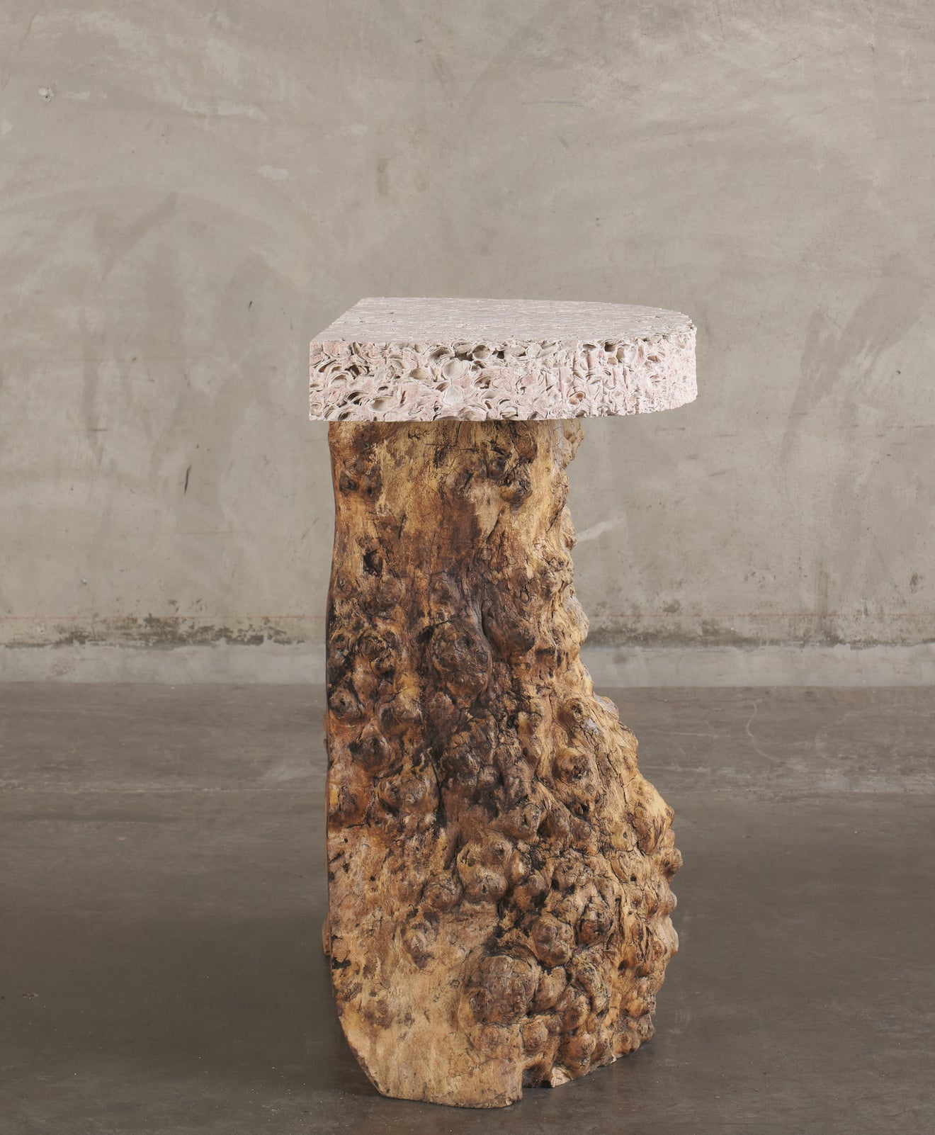 BURL WOOD CONSOLE TABLE WITH LIMESTONE TOP