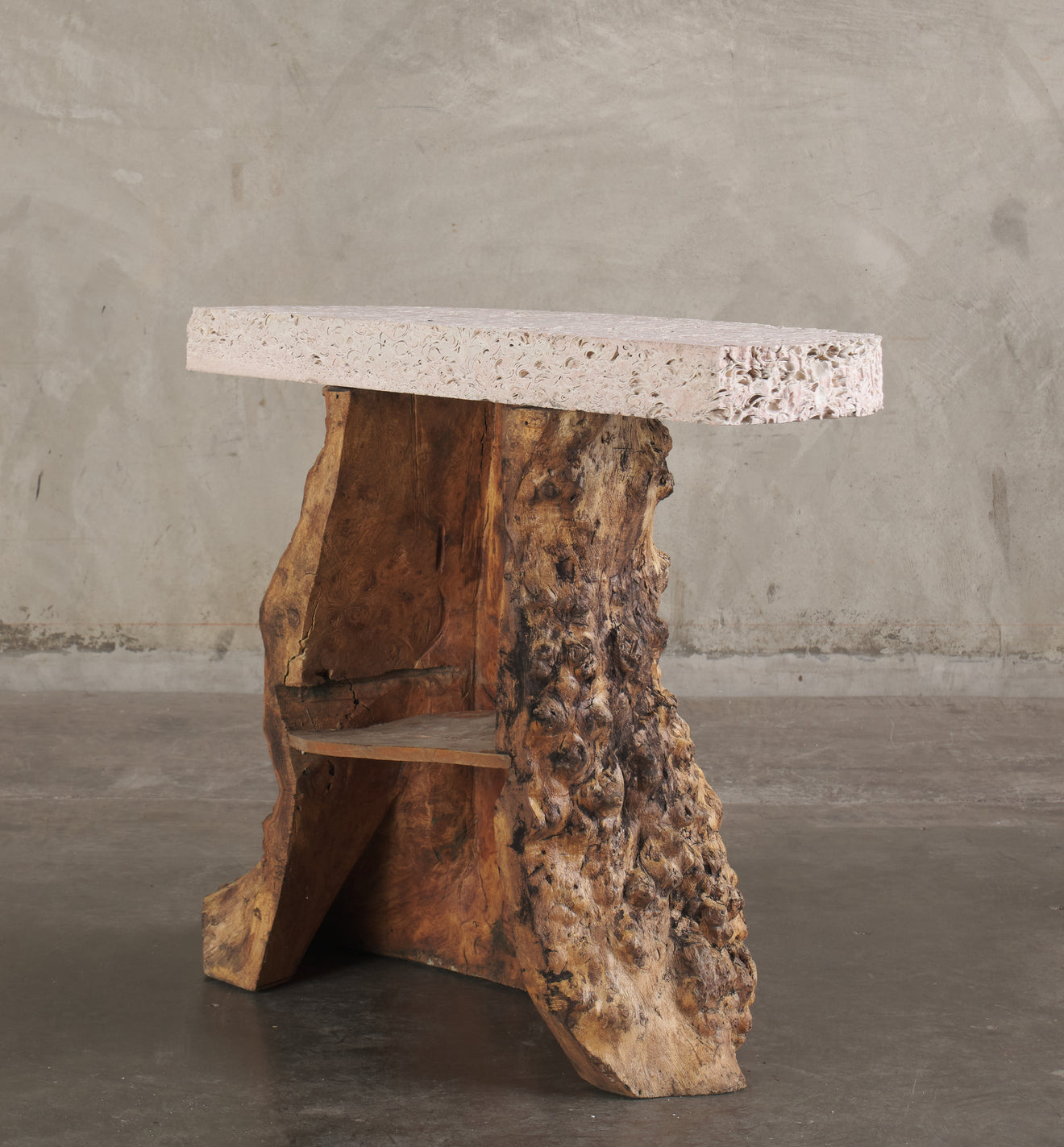 BURL WOOD CONSOLE TABLE WITH LIMESTONE TOP
