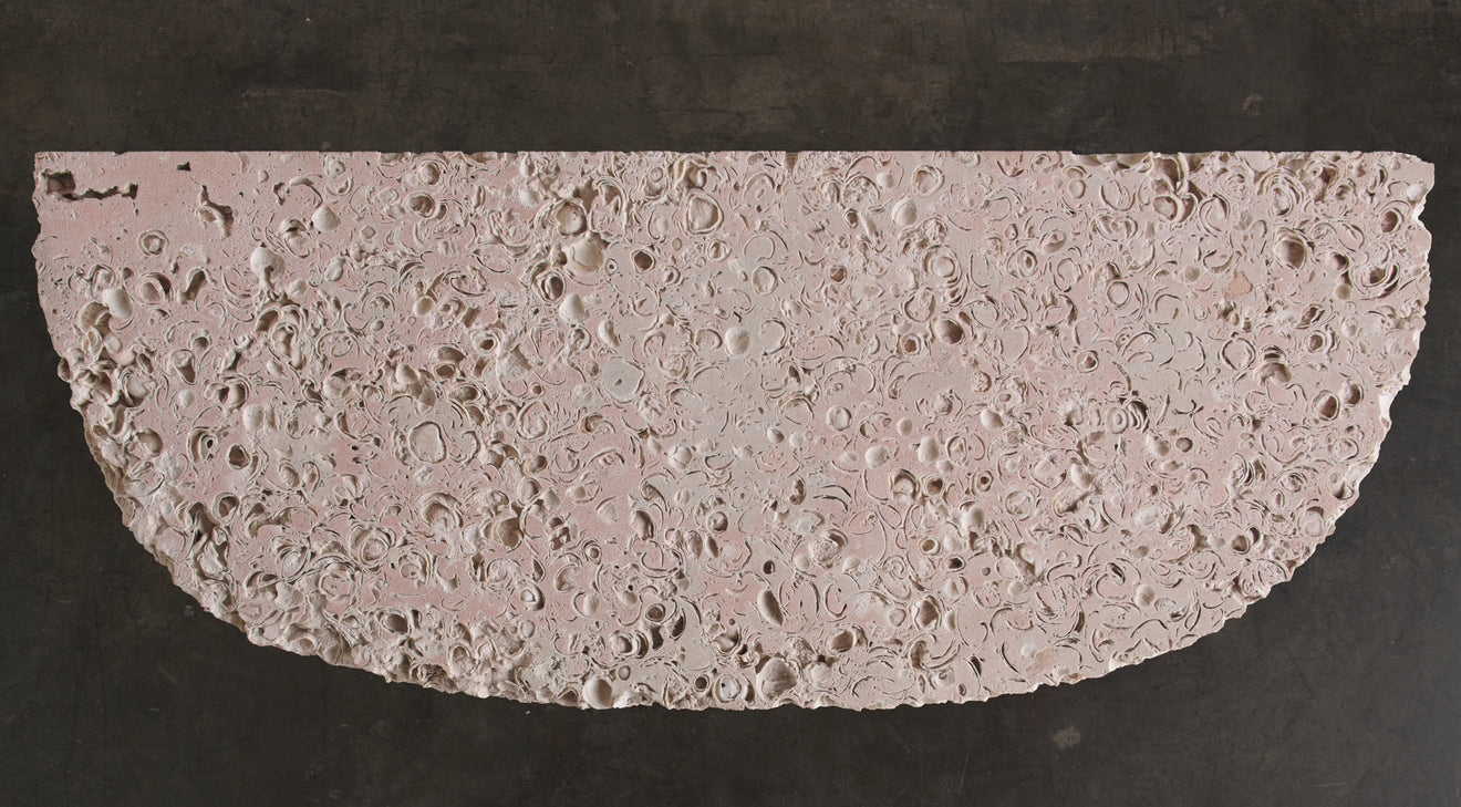 BURL WOOD CONSOLE TABLE WITH LIMESTONE TOP
