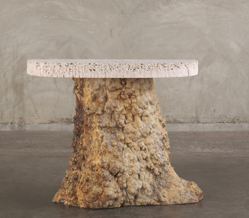 BURL WOOD CONSOLE TABLE WITH LIMESTONE TOP