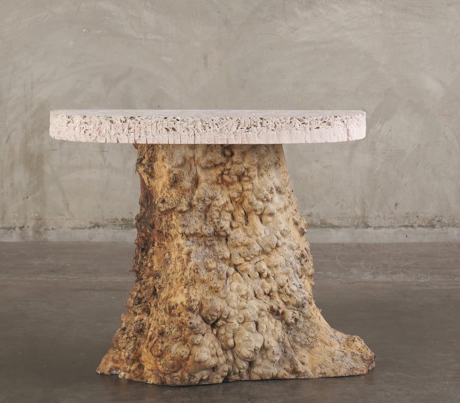 BURL WOOD CONSOLE TABLE WITH LIMESTONE TOP