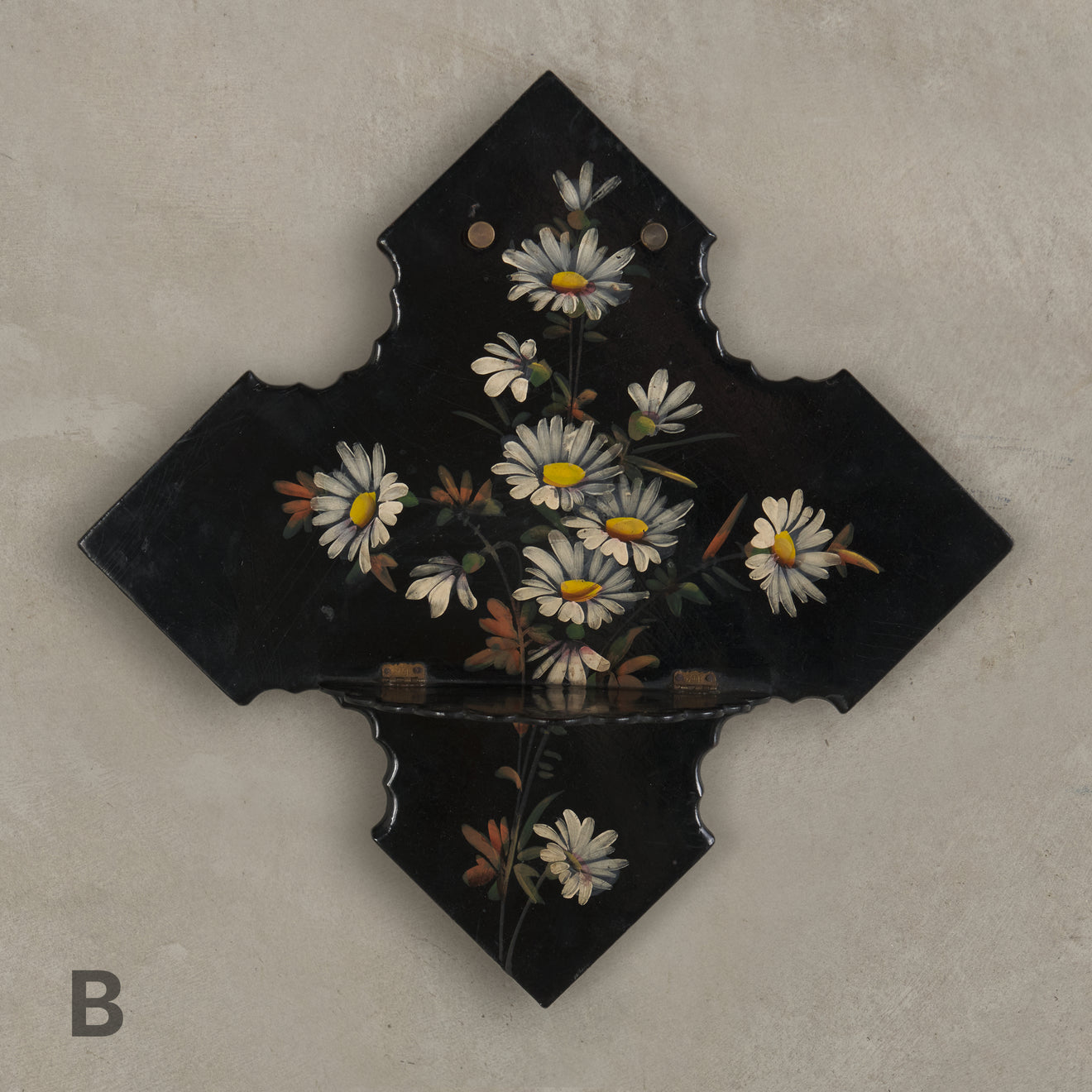 VICTORIAN PAPIER MACHE BLACK LACQUERED DAISY WALL SHELF