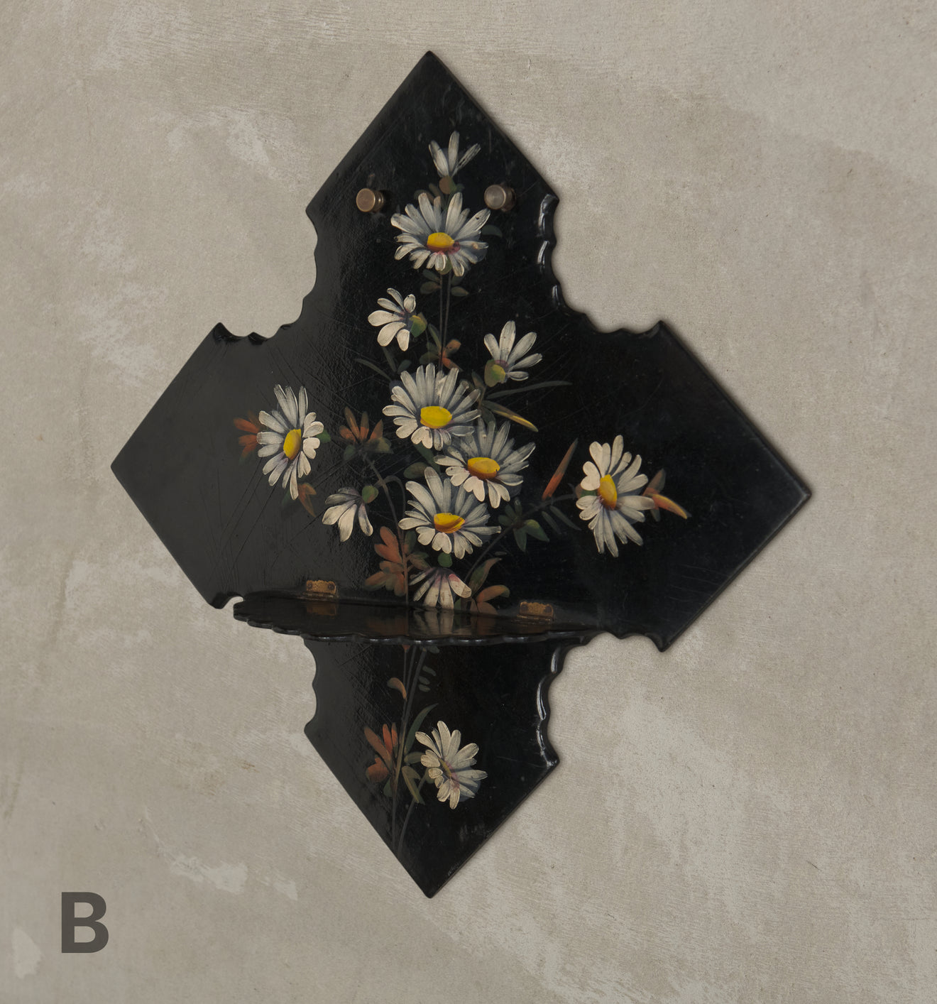 VICTORIAN PAPIER MACHE BLACK LACQUERED DAISY WALL SHELF