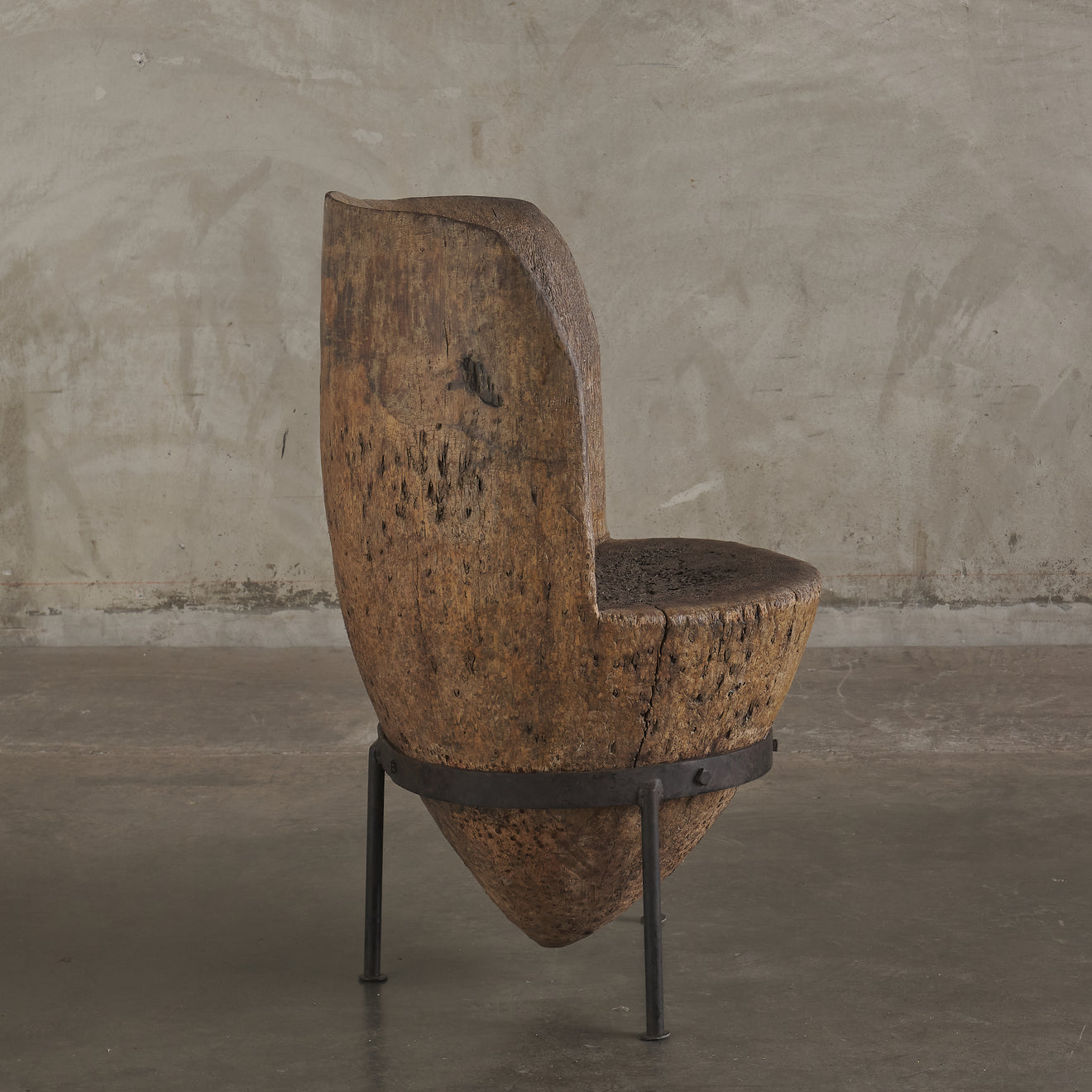 CARVED PALM WOOD CHAIR WITH IRON BASE