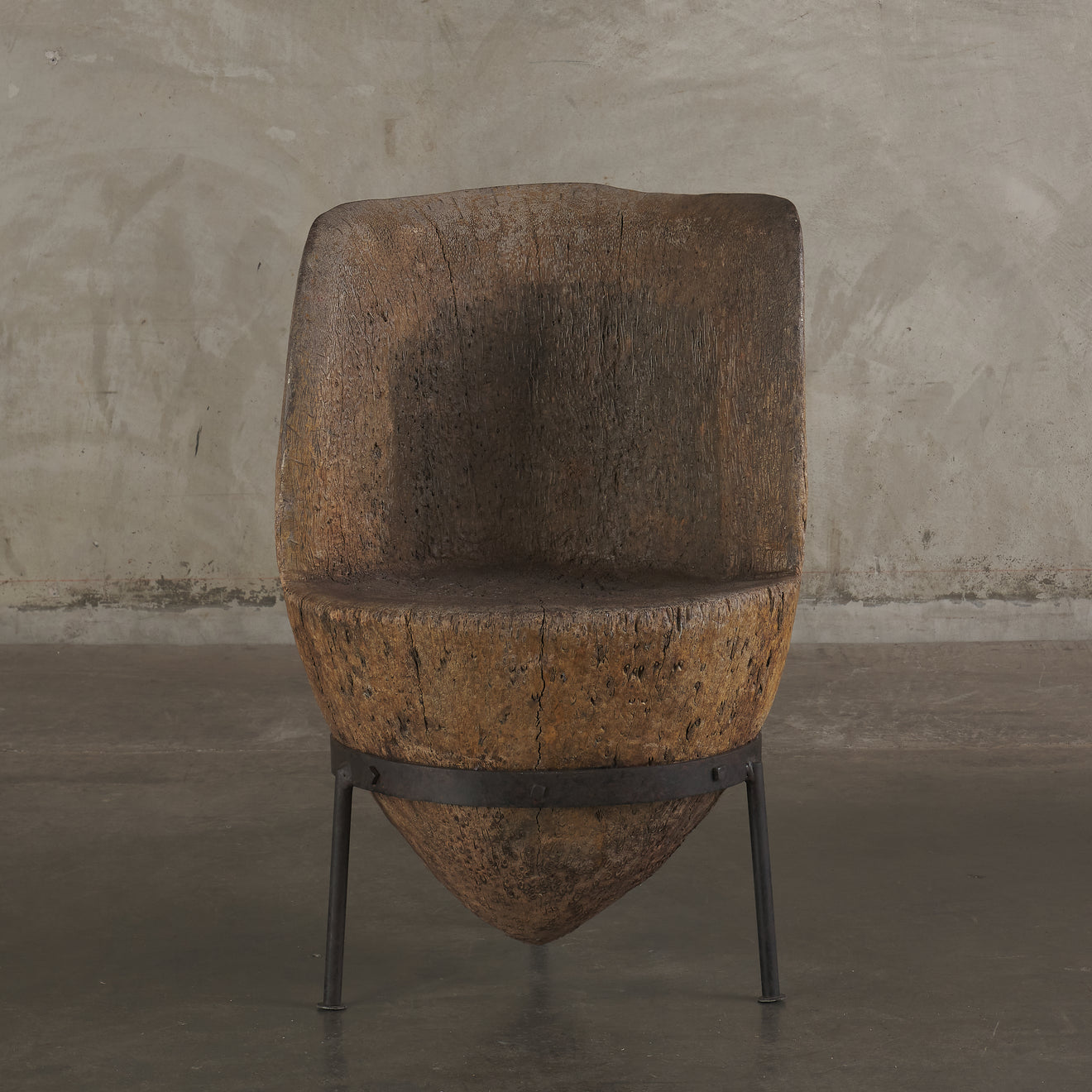 CARVED PALM WOOD CHAIR WITH IRON BASE