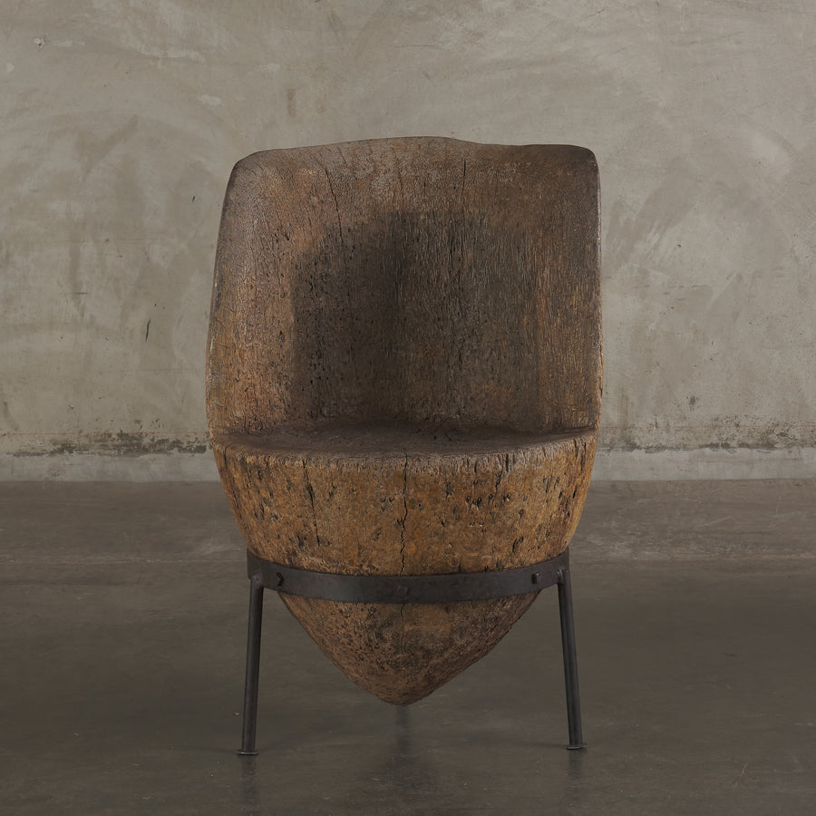 CARVED PALM WOOD CHAIR WITH IRON BASE