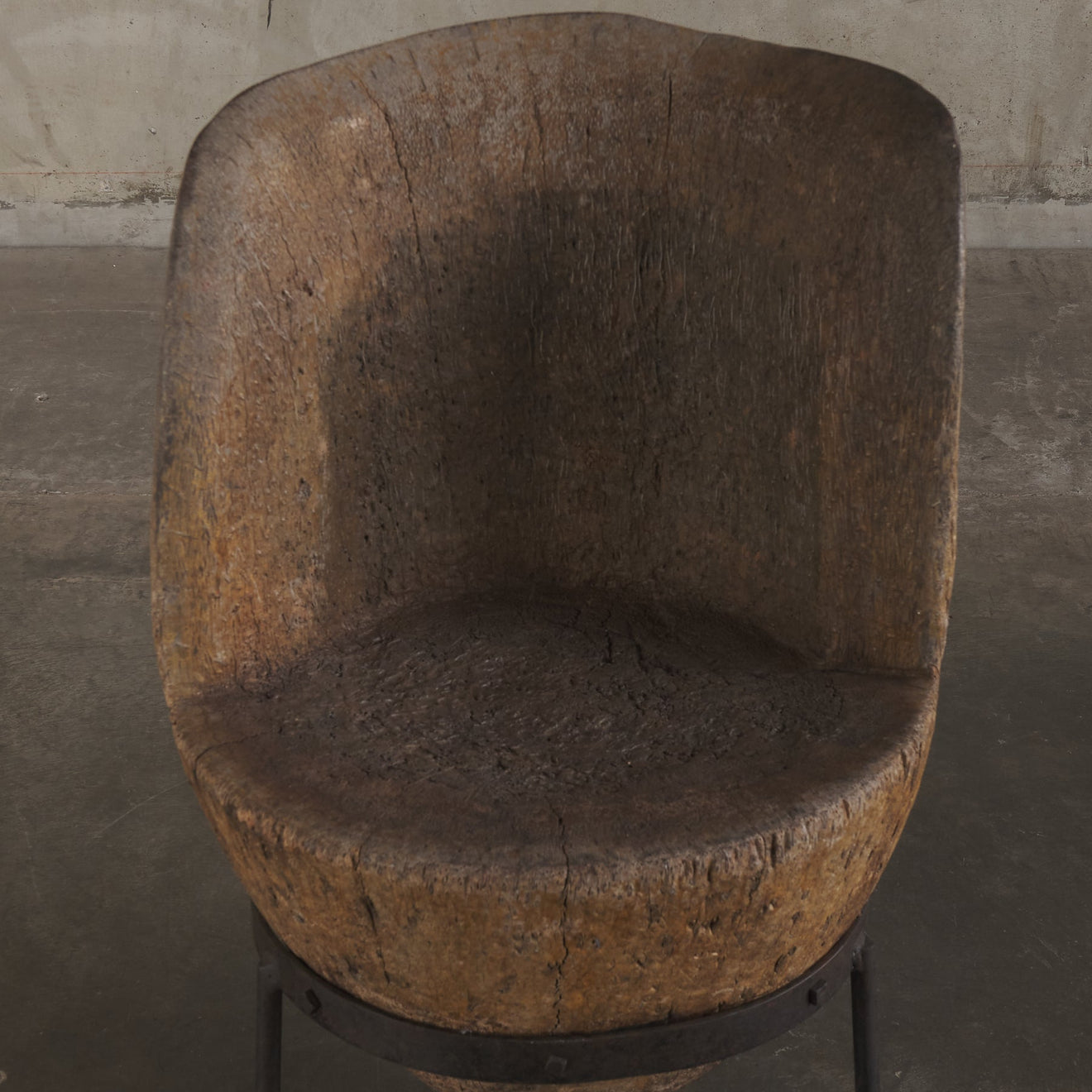 CARVED PALM WOOD CHAIR WITH IRON BASE