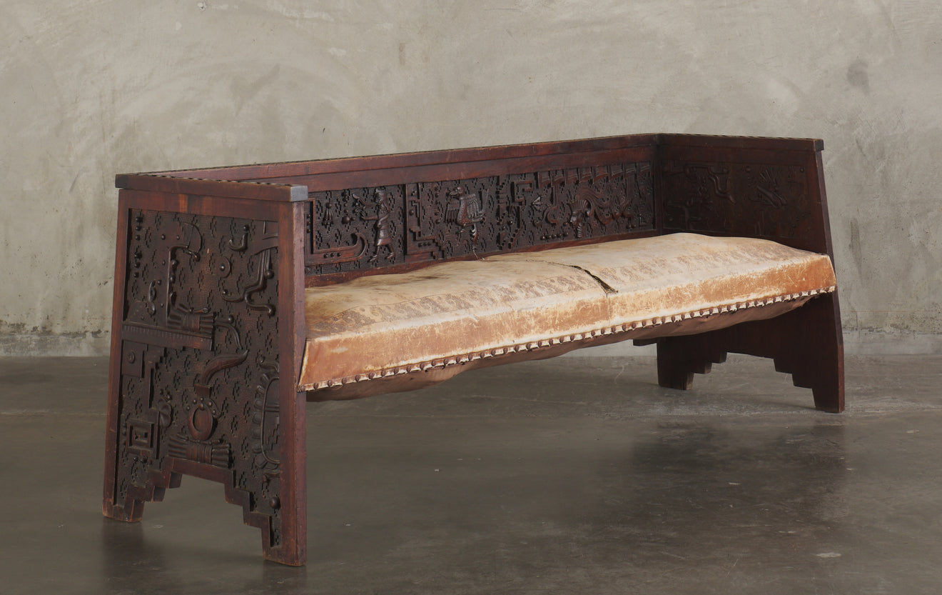 CARVED NEO PRE-COLUMBIAN MEXICAN SOFA, Reported to have been exhibited at the MEXICAN PAVILLION, 1889 World's Fair, Paris