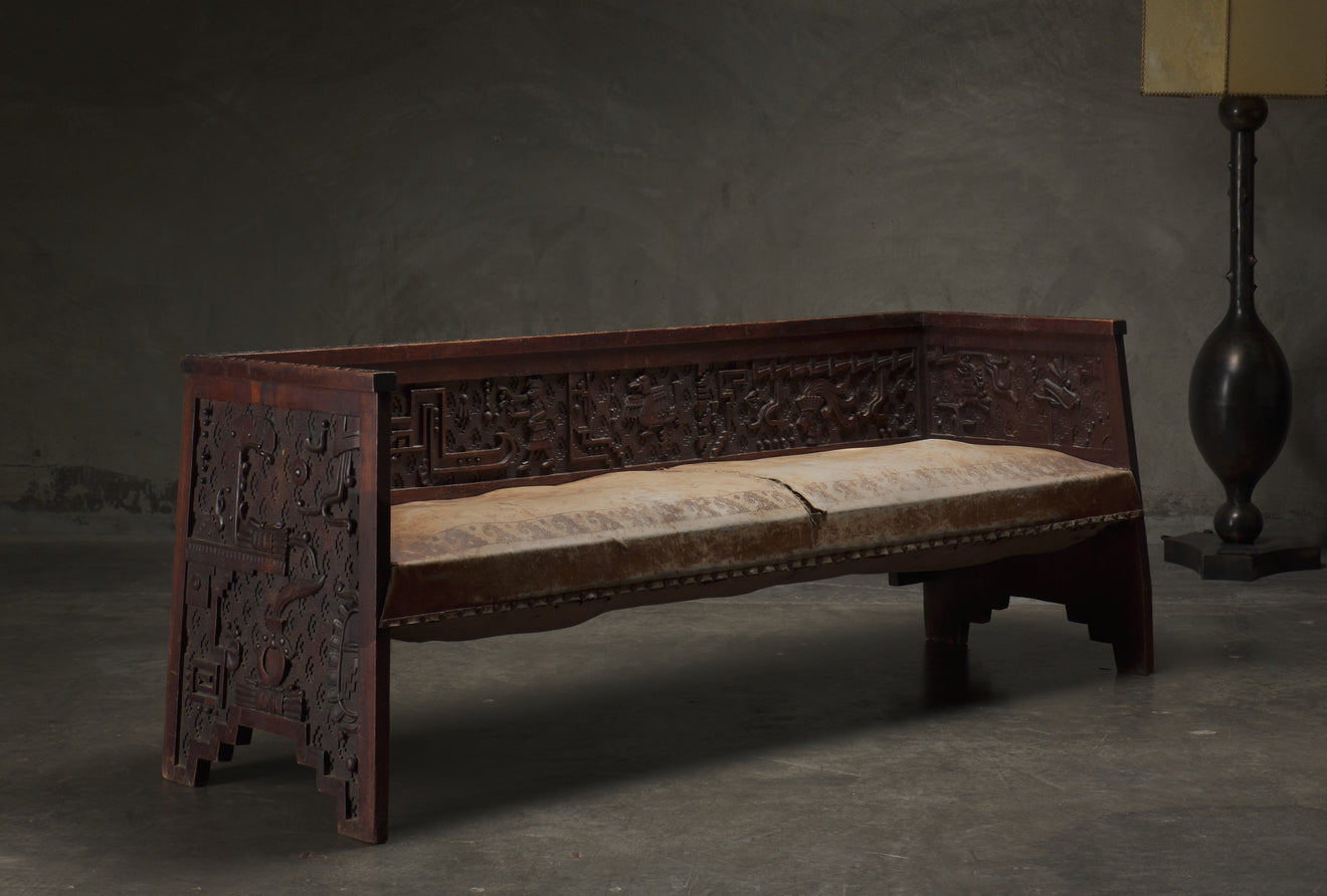 CARVED NEO PRE-COLUMBIAN MEXICAN SOFA, Reported to have been exhibited at the MEXICAN PAVILLION, 1889 World's Fair, Paris