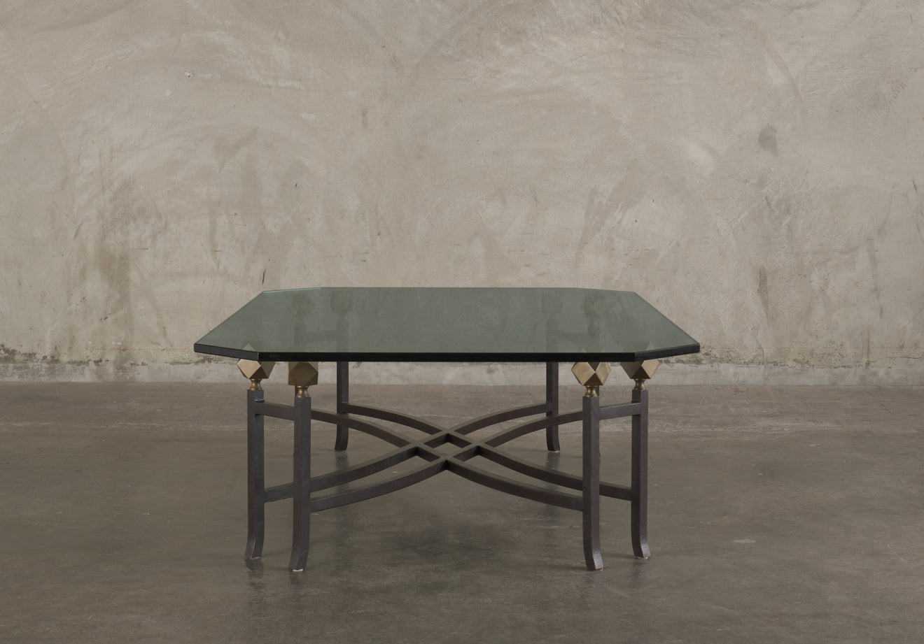 CONTEMPORARY IRON AND BRASS COFFEE TABLE,USA,20th C