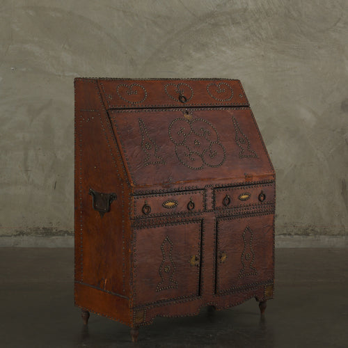 CONTINENTAL LEATHER CLAD AND BRASS STUDDED FALL FRONT DESK