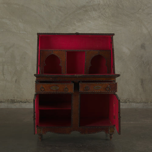 CONTINENTAL LEATHER CLAD AND BRASS STUDDED FALL FRONT DESK