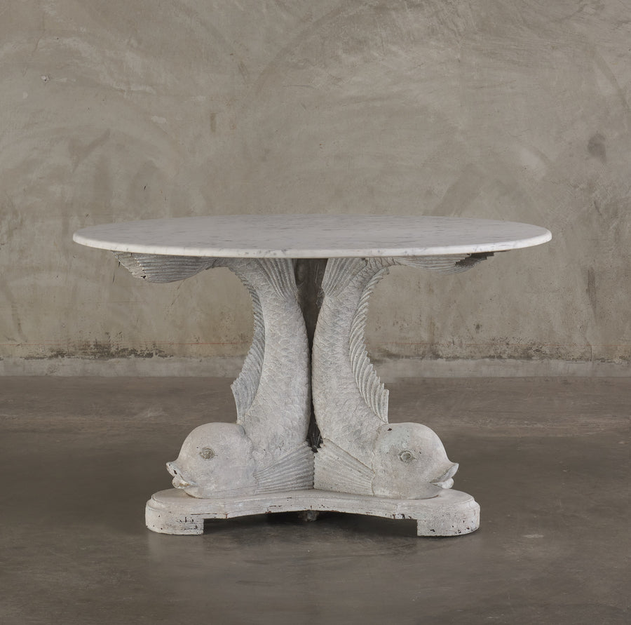 CONTINENTAL WHITE PAINTED WOOD AND MARBLE TOP CENTER TABLE