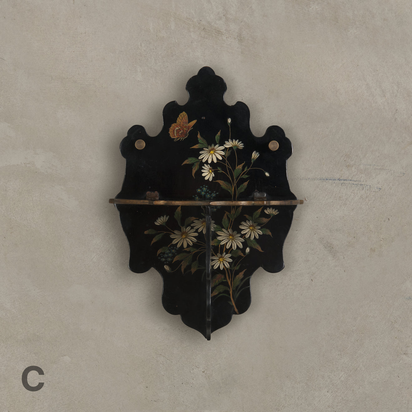 VICTORIAN PAPIER MACHE BLACK LACQUERED DAISY WALL SHELF