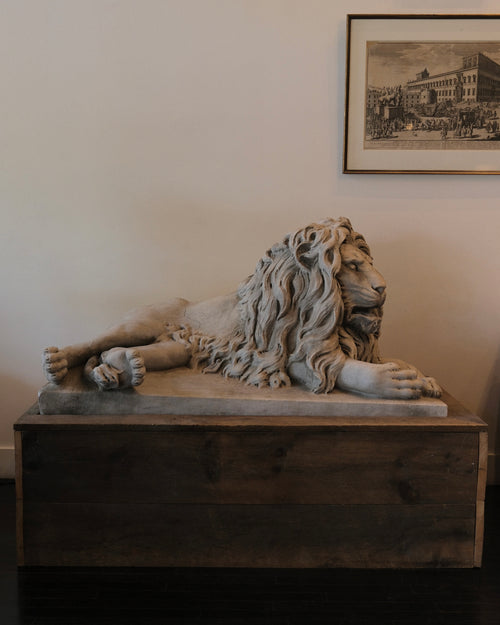 PAIR OF CARVED MARBLE RECUMBENT LIONS, c1890