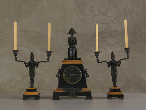 EGYPTIAN REVIVAL MARBLE CLOCK WITH TWO CANDELABRA GARNITURES