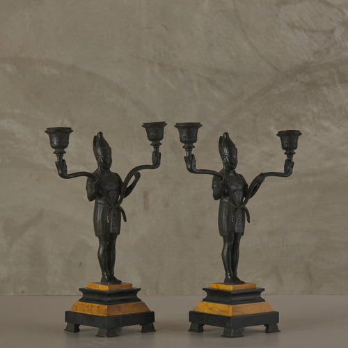 EGYPTIAN REVIVAL MARBLE CLOCK WITH TWO CANDELABRA GARNITURES