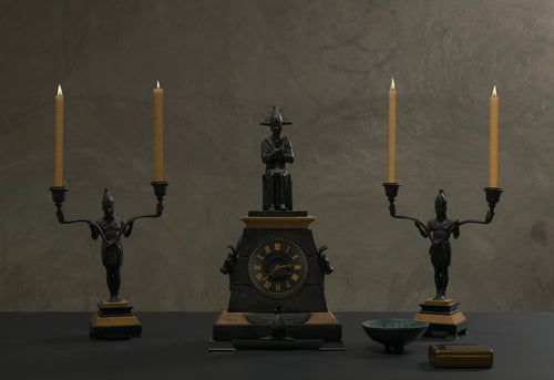 EGYPTIAN REVIVAL MARBLE CLOCK WITH TWO CANDELABRA GARNITURES