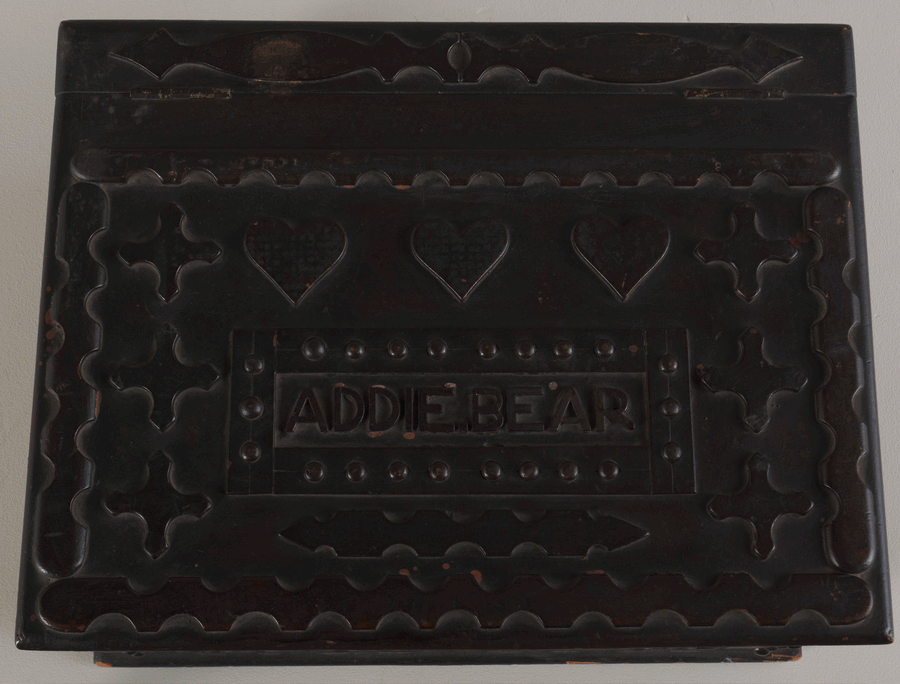 FOLK ART KEEPSAKE BOX MADE FOR 'ADDIE BEAR' c1890