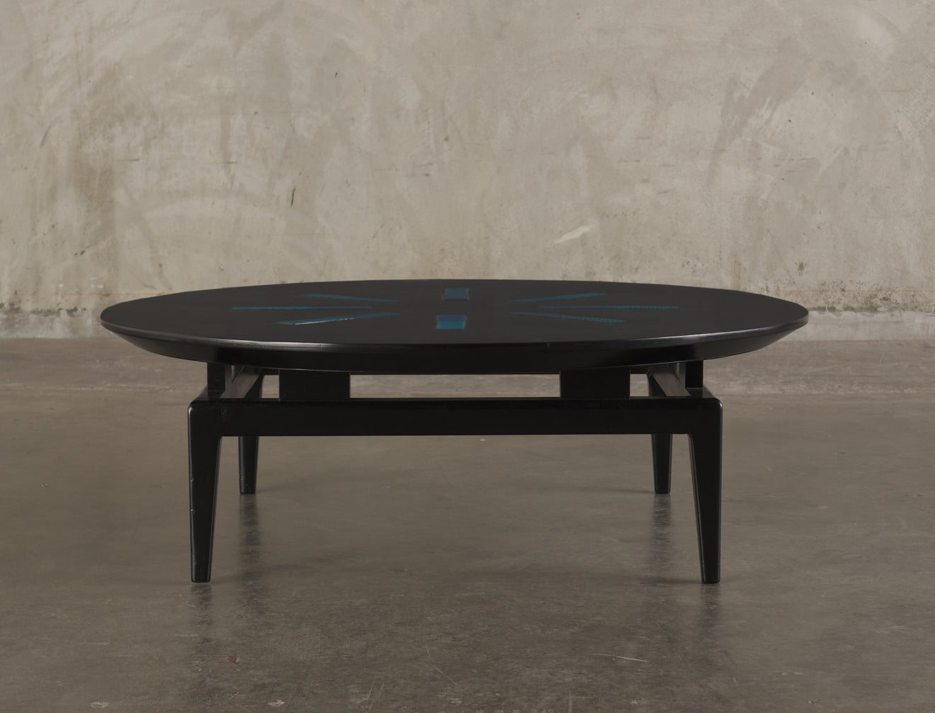 FRANK KYLE BLACK COFFEE TABLE WITH MAGGIE HOWE ENAMELED BRASS PLATES