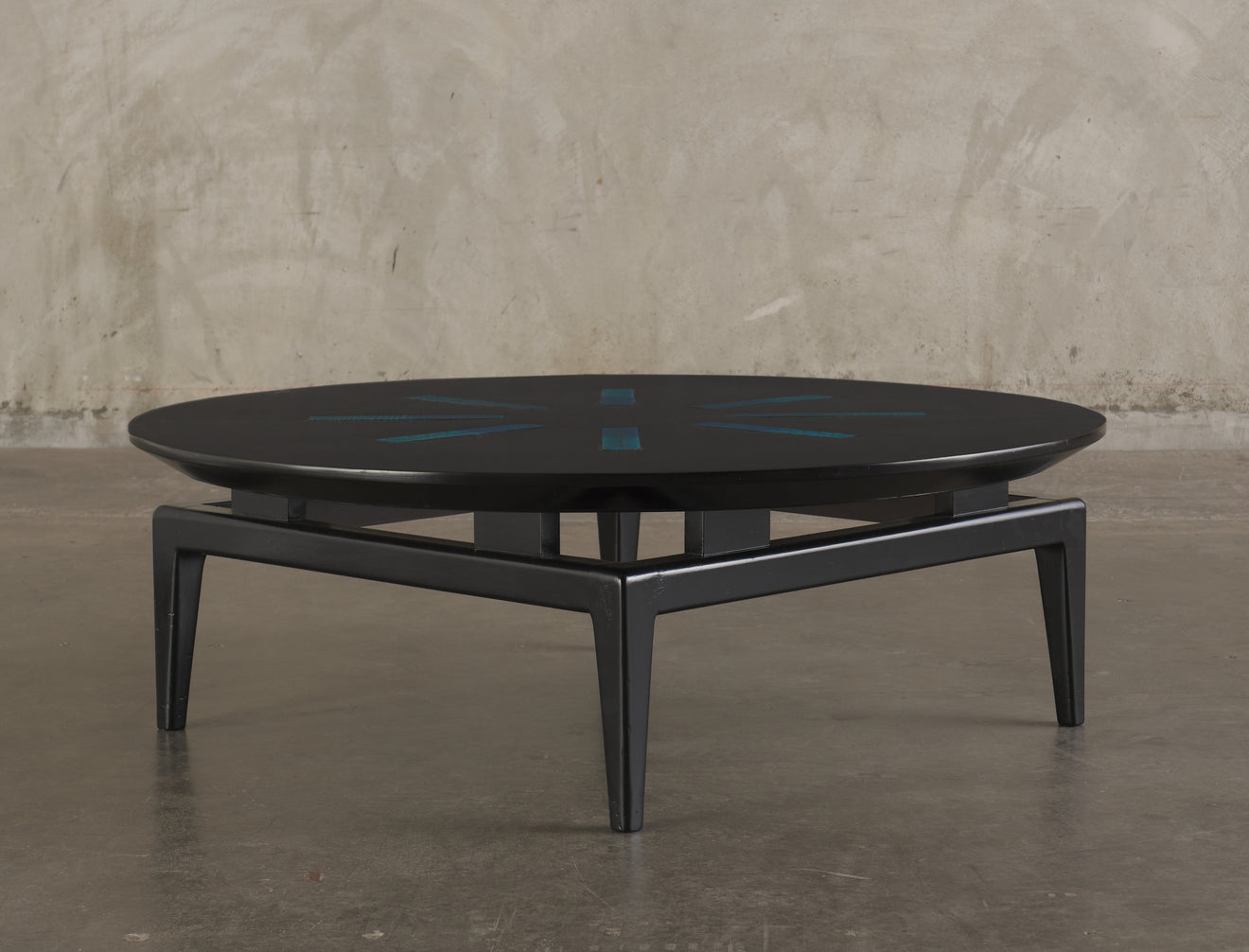 FRANK KYLE BLACK COFFEE TABLE WITH MAGGIE HOWE ENAMELED BRASS PLATES