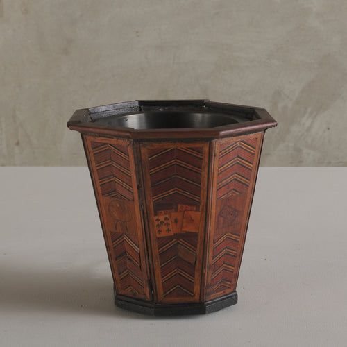 GAMES OF CHANCE MARQUETRY CACHEPOT, 19th C