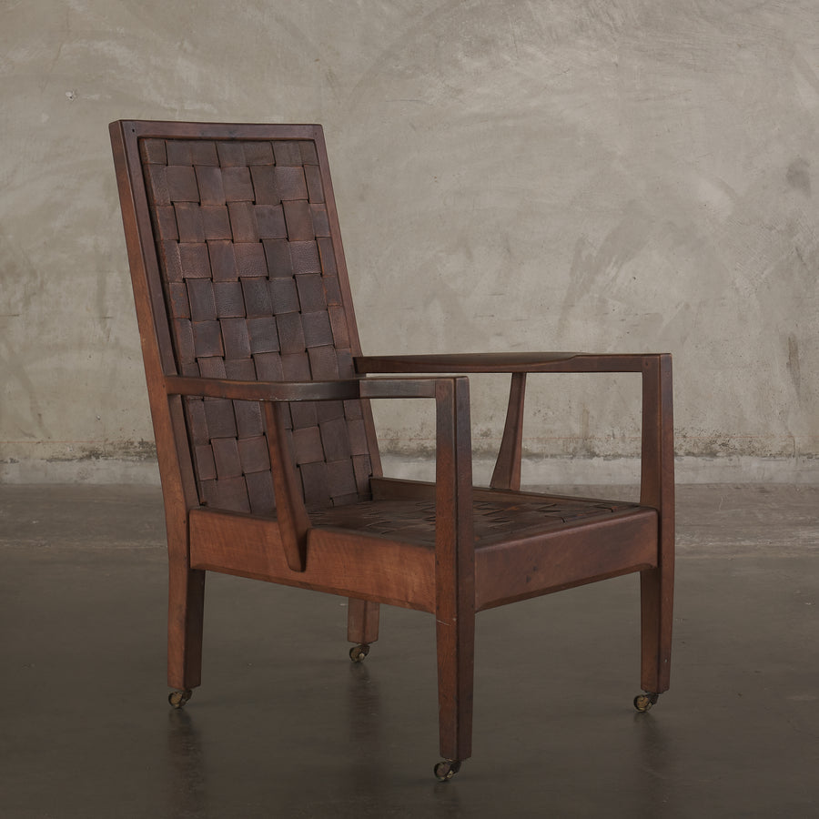 GORDON RUSSELL WOVEN LEATHER LOUNGE CHAIR, ENGLAND, EARLY 20TH CENTURY