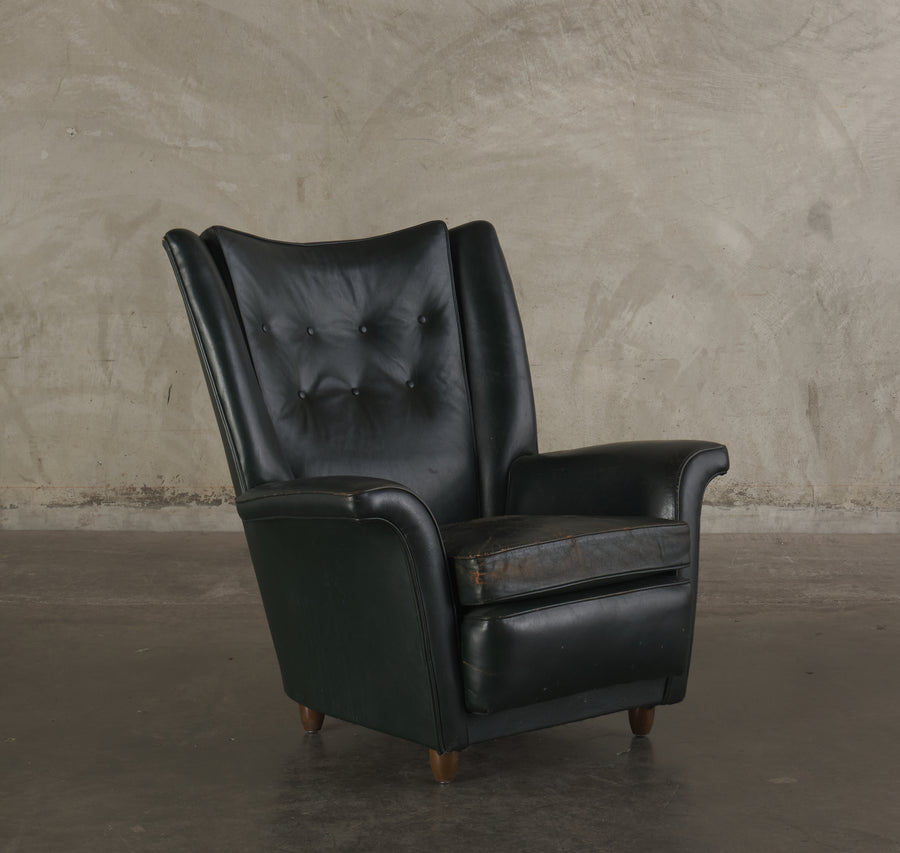 GREEN ROCKING WING BACK LOUNGE CHAIR, MID 20TH C