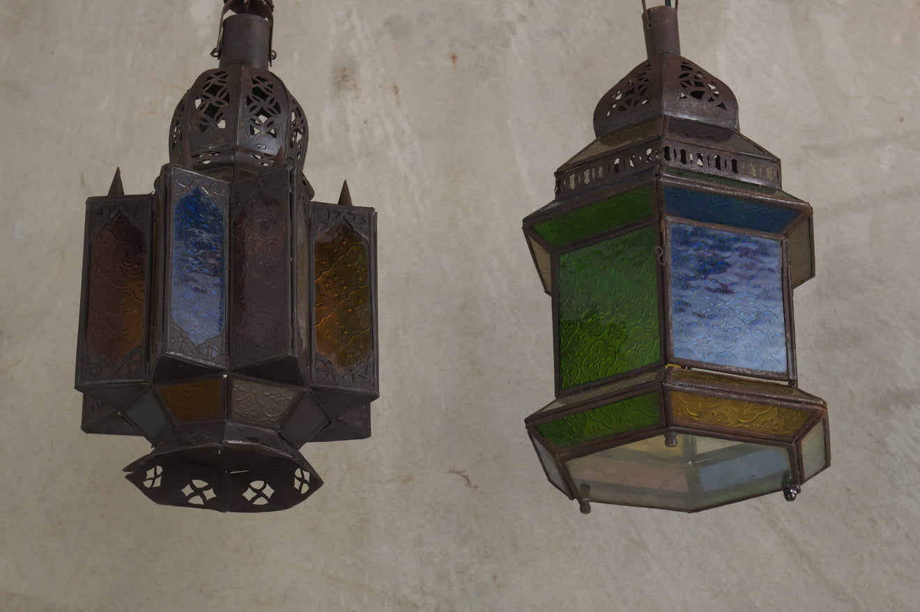 ANTIQUE MOROCCAN STAINED GLASS AND METAL PENDANT LIGHT, c1910