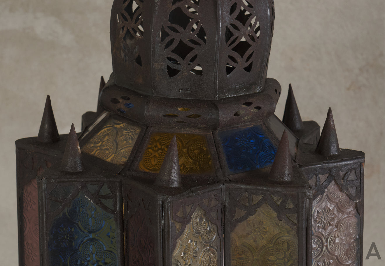 ANTIQUE MOROCCAN STAINED GLASS AND METAL PENDANT LIGHT, c1910